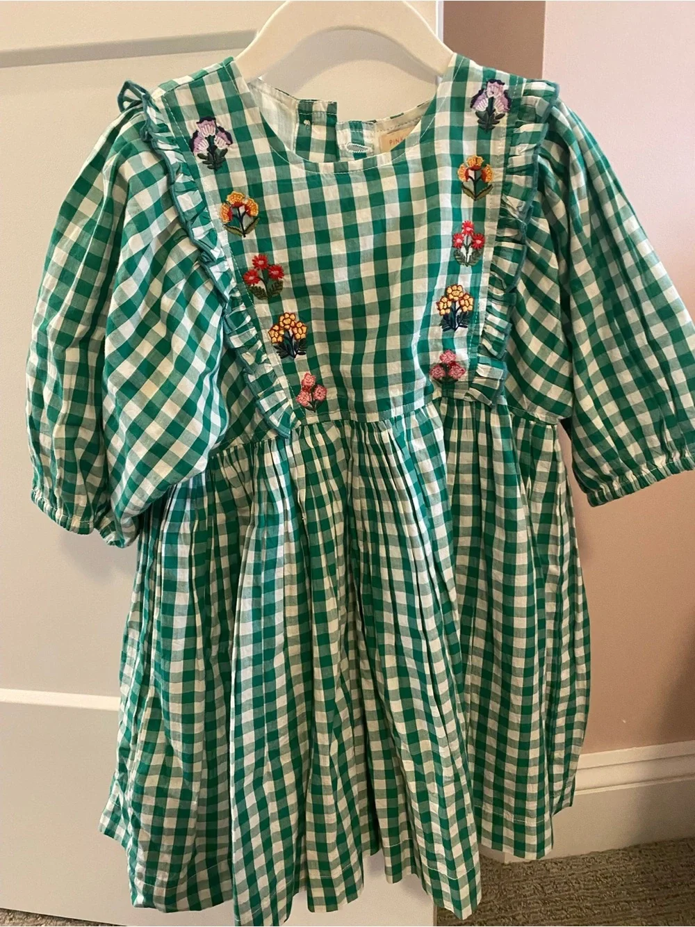 Pink chicken girls Green Gingham Embroidered Puff Sleeve Dress - size 5